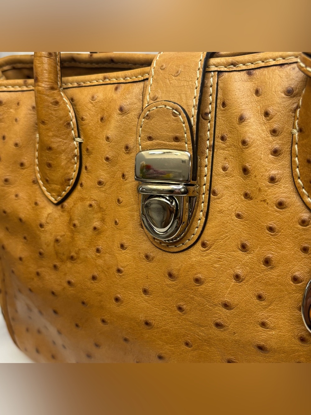 Vintage Dooney & Bourke Ostrich Embossed Leather Satchel Tan w/ Duck Charm - Picture 5 of 14